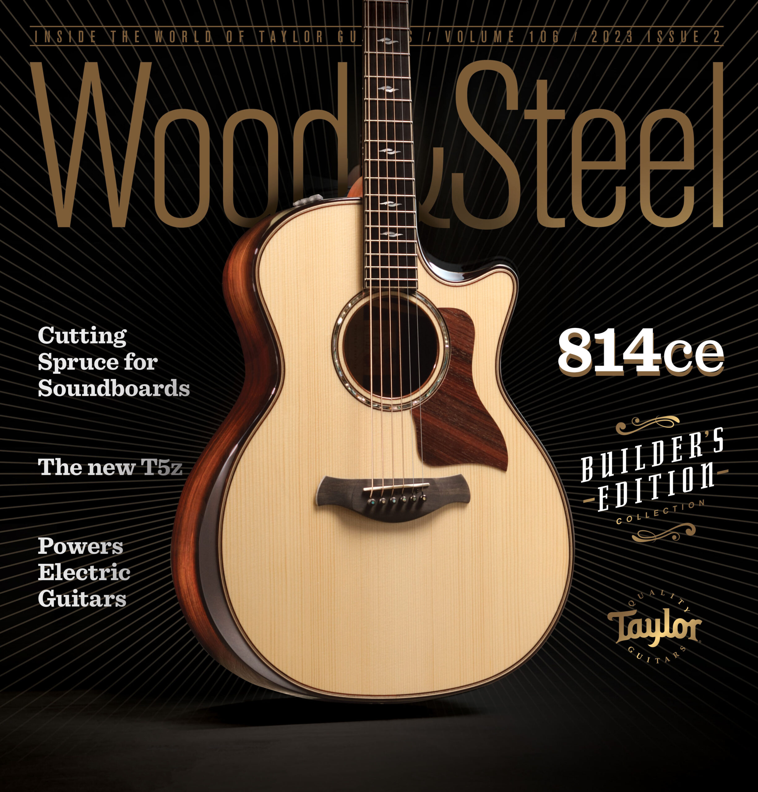 Magazine cover image featuring a Taylor Builder's Edition 814ce acoustic guitar and text introducing other magazine stories in this issue