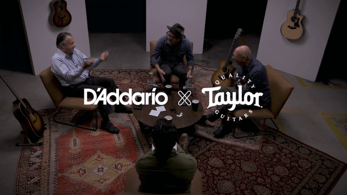 thumbnail image for video player with Andy Powers, Bob Taylor, and Jim D'Addario seated in chairs in conversation about guitar strings