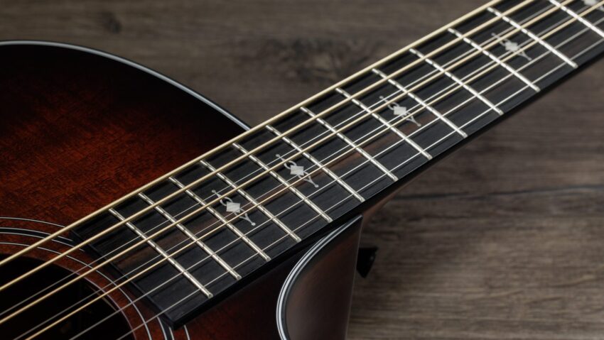Fretboard with strings of a Taylor 326ce Baritone-8 Special Edition acoustic-electric guitar