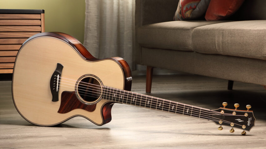 Image of Taylor Builder's Edition 814ce acoustic-electric guitar on its side facing forward in a living room background
