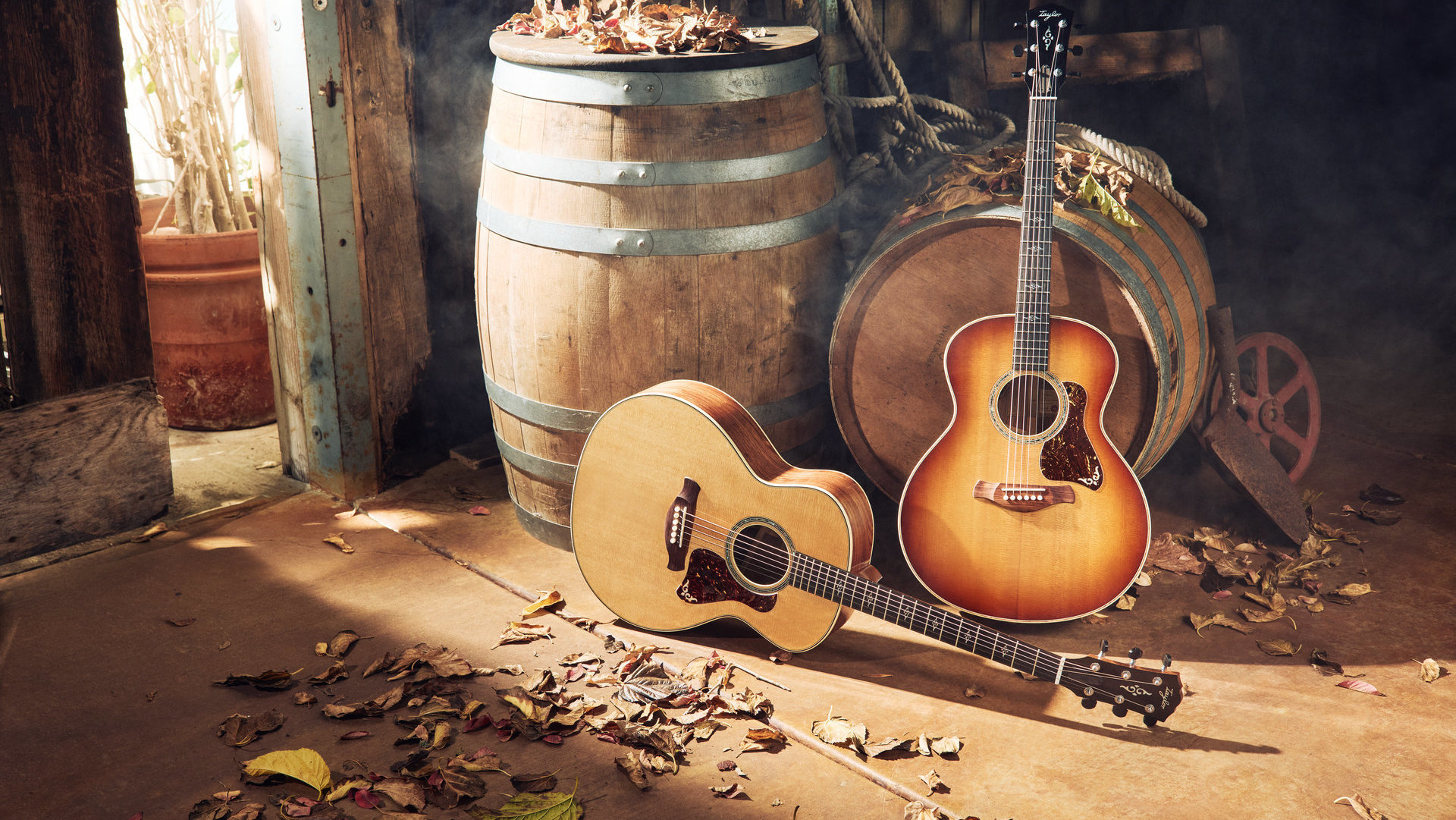 Image of two Taylor Gold Label acoustic guitars in a barn